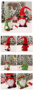 Detailed views of red and green Christmas gnomes with Noel signs and candy canes