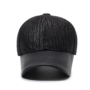 Men's winter black baseball cap with textured crown and premium leather brim details