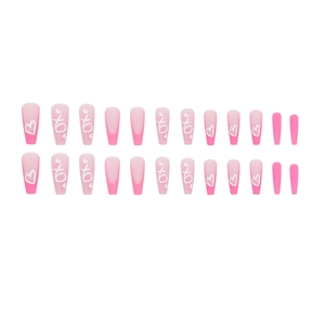 Pink gradient long ballerina press-on nails with heart and XO patterns in a 24-piece set