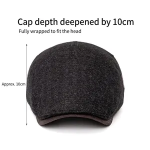 Men's wool blend flat cap with deep 10cm crown and classic herringbone pattern