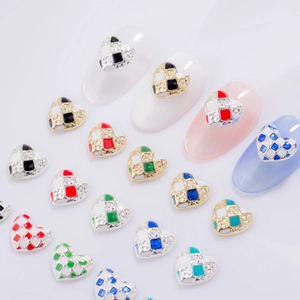Y2K checkerboard heart nail charms with rhinestones in various colors for manicure art