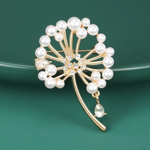Détails de la broche pissenlit dorée avec perles et pendentif en cristal en goutte
