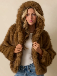 Women Brown Faux Fur Hooded Jacket Thick Warm Plush Short Coat With Side Pockets Fashion Winter Outerwear Casual Chic