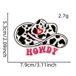Pink Howdy cowboy hat embroidery patch with cow print and dimensions 7.9x5.3cm
