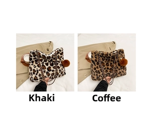 Close-up of leopard print faux fur tote bags with chain straps in khaki and coffee colors