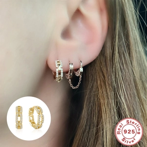 Chic S925 sterling silver hoop earrings with chain design and sparkling cubic zirconia