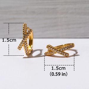 Detailed size chart of gold X-shaped criss-cross earrings with pavé sparkling cubic zirconia