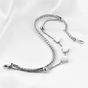 Double-layer stainless steel bracelet with silver heart pendants and 18KGP engraving