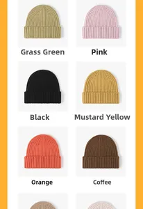 Detailed grid of thick wool knit beanies in various colors with vertical ribbed patterns