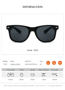 Detailed size chart for retro square sunglasses with 146mm width and UV400 PC lenses