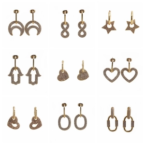 Set of nine pairs of gold geometric earrings featuring micro-paved sparkling cubic zirconia