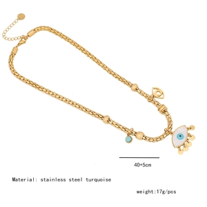 Detailed specs of stainless steel evil eye necklace with turquoise charm and dimensions