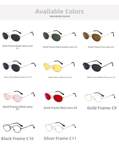 Multiple color options for oval metal sunglasses including gold, silver, and black frames