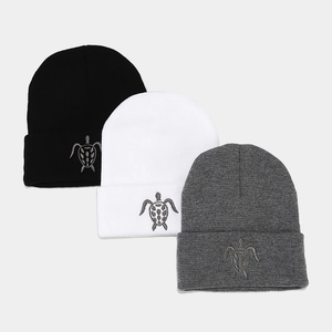 Three-piece turtle embroidery knit beanies in black, white, and grey for winter warmth