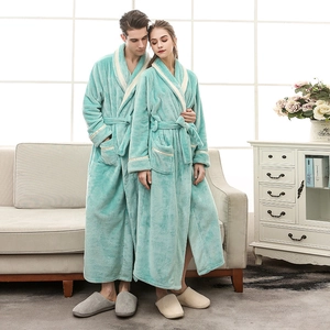 Thick mint green flannel bathrobe for men and women featuring plush long sleeves and a tie belt