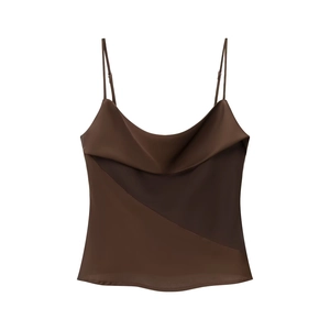 Cowl Neck Satin Camisole Top With Adjustable Spaghetti Straps Sexy Coffee Brown Streetwear Fashion For Women