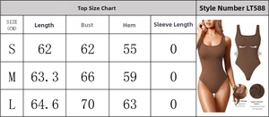 Size chart for seamless backless yoga bodysuit featuring super stretch fabric specs