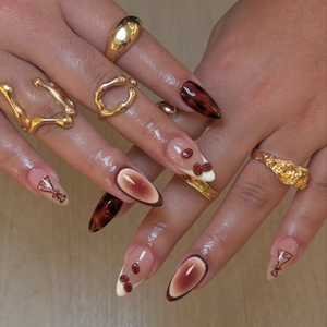 French Ombre Press On Nails Brown Coffee Bean 3D Design Almond Shape Glossy Elegant Fake Nails For Women