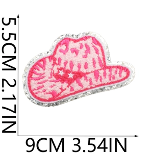 Pink cowboy hat patch with silver sequins and floral embroidery, dimensions 9x5.5cm