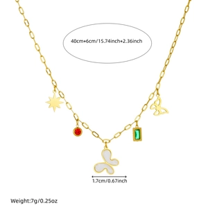 Gold butterfly necklace with colorful geometric gems and dimensions shown on white background