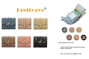 Three-fold PU leather wallet details with leaf emblem buckle and multi-color options