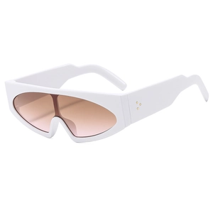Futuristic wide white sunglasses with brown gradient lenses and rivet detail