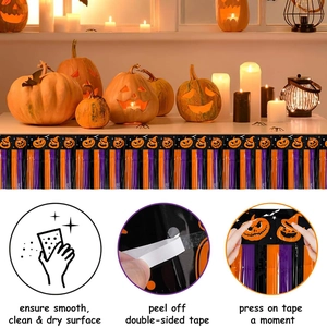 Rideau à franges d'Halloween noir, orange et violet avec motifs citrouilles et chauves-souris