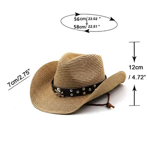 Chapeau de cowboy en paille ethnique avec bandeau tête de mort et guide des tailles