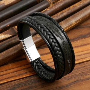 Men's minimalist black leather layered bracelet with silver feather texture and magnetic clasp