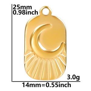 Detailed view of golden moon pendant with size 25mm by 14mm and 3.0g weight specs