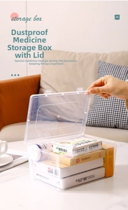 Close-up of a large transparent plastic storage box filled with assorted medicine boxes