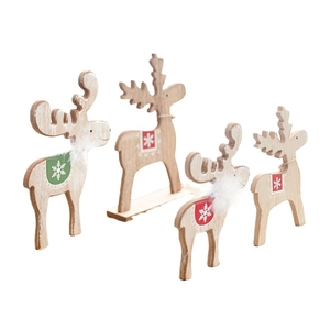 Set of 4 wooden Christmas reindeer ornaments with Nordic snowflake patterns and white fur