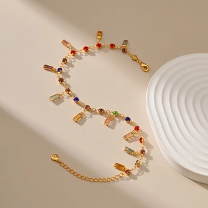 Vintage gold anklet featuring colorful crystal pendants and diamonds for women