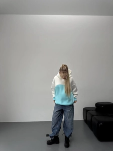 Color-block hooded sweatshirt for women in blue and white with loose fit