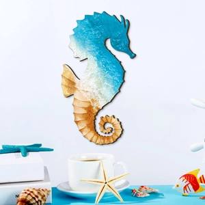 Blue and white nautical wooden seahorse wall decor for bathroom and nursery art