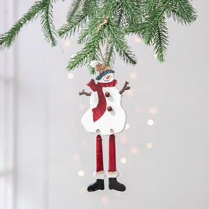 Christmas wooden snowman hanging ornament with long red legs on a pine tree branch