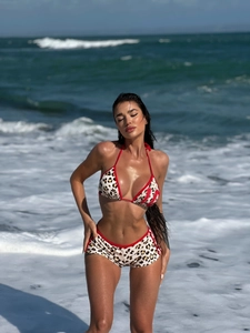 Women Bikini Swimsuit Halter Neck Leopard Print Red Contrast Trim High Elasticity Beachwear Sexy Swimwear Swimsuit