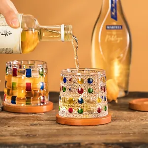 Spinning Whiskey Glass Hand Painted Colorful Crystal Rock Cup With Wood Base Stress Relief Drinkware Bar Accessories