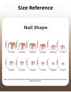 Size chart for nude press-on toenails showing 12 sizes with precise measurements