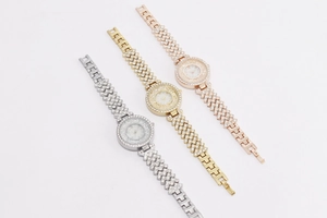Detailed comparison of sparkling crystal-encrusted quartz watches in silver, gold, and rose gold