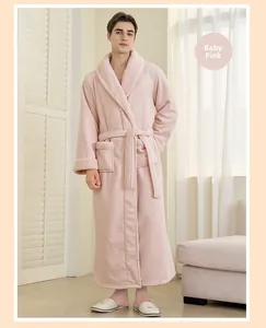 Detail of baby pink double-layer thickened fleece bathrobe with warm plush collar and pockets