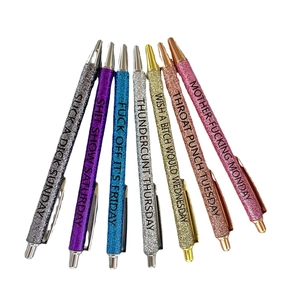 Set of 7 colorful glitter retractable ballpoint pens with funny daily swear word slogans