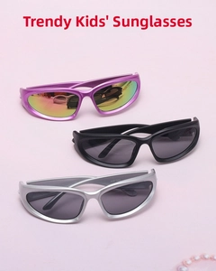 Detailed stack of kids sports sunglasses in purple, black, and silver with polarized lenses