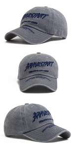 Detailed views of washed cotton baseball cap with retro blue embroidery and worn texture
