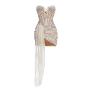 Detail of white lace corset dress with sheer asymmetric draping and structured boning