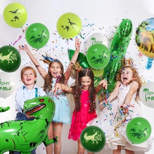 Décoration de fête dinosaure avec ballons verts et ballon T-Rex pour anniversaire d'enfant