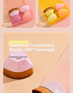 Detail of makeup set including seamless foundation brush and soft sponges in a storage box