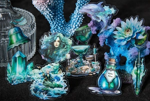 Detail of magical fantasy stickers featuring water potion, crystal and dolphin designs