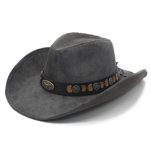 Western Cowboy Hat Vintage Faux Suede Wide Brim Bull Head Metal Badge Star Rivets Ethnic Style Outdoor Travel Accessory