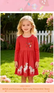 Detail of red girls' long sleeve dress featuring exquisite unicorn and floral embroidery
